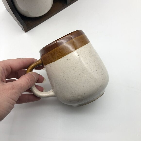 Vintage Wood Coffee Mug Display Case With 4 Stoneware Mugs Wall Hanging Shelf - Picture 16 of 16